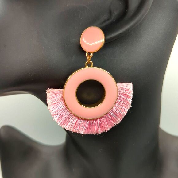 Sugarfix Pink Fringe Donut Earrings - Peachy Tassel Statement Earrings - Picture 1 of 3